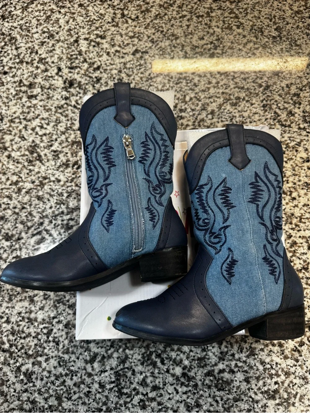 Girl 13y Navy Western Ankle Boots - Classic Embroidered Style